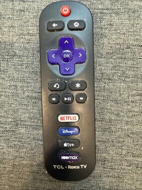 TCL Black Remote with Purple Directional Pad and Red Power Button